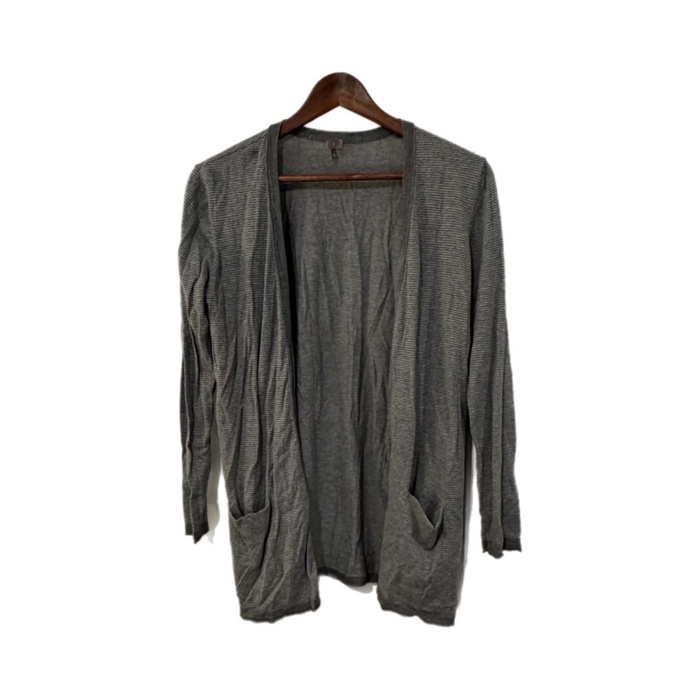 J.Jill Cardigan Women Medium Grey Excellent Open Front Striped Knit Pocket